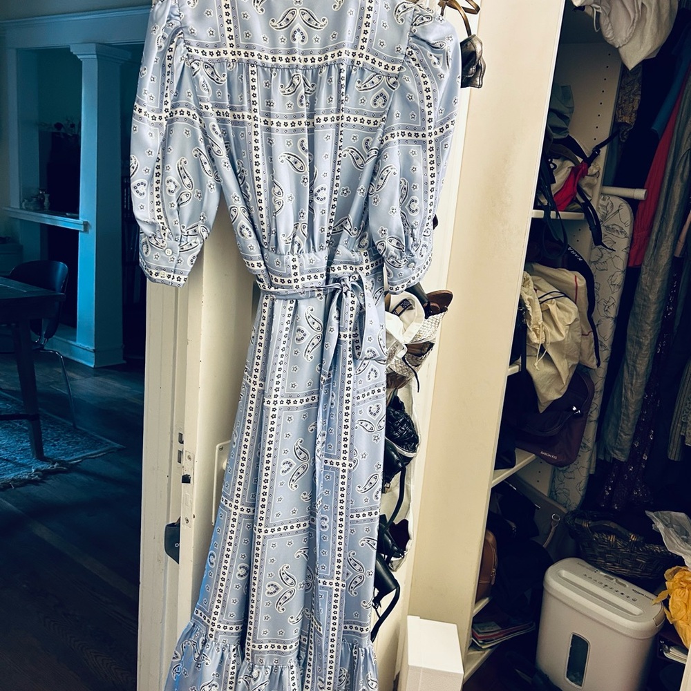 Sandro White and Blue Tie Front Puff Sleeve Sundress
